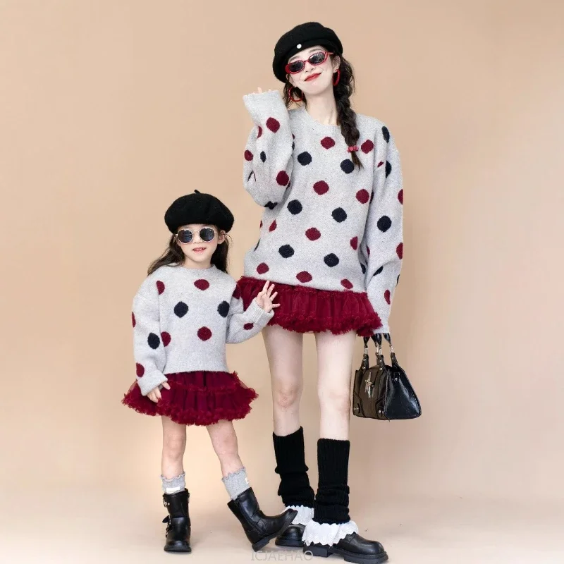 2025Mommy Daughter Matching Sweater Winter New Colorful  Outfit Mother Girl Couple ClothesDotted Knitwear With Scarf Two Piece