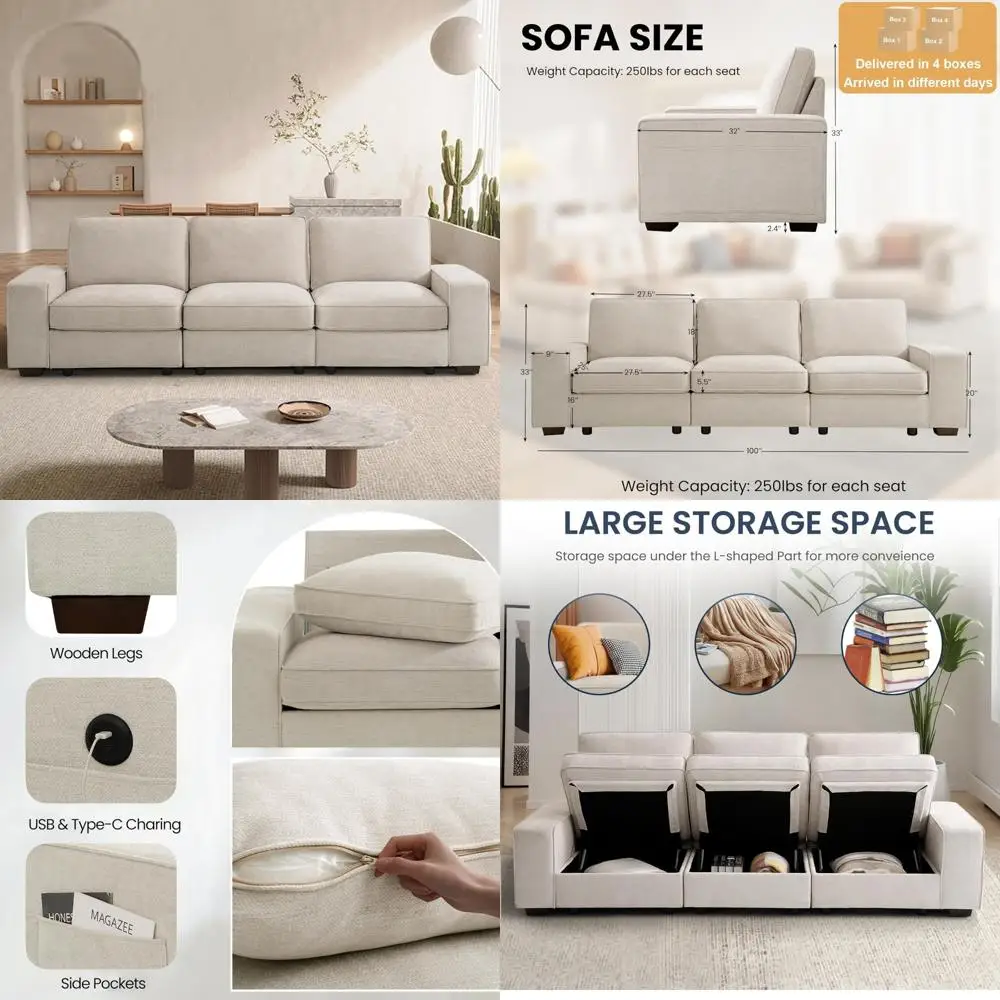 

"100 inch modular sofa with storage seats, comfortable chenille fabric 3-seater couch for living room and office with deep seati