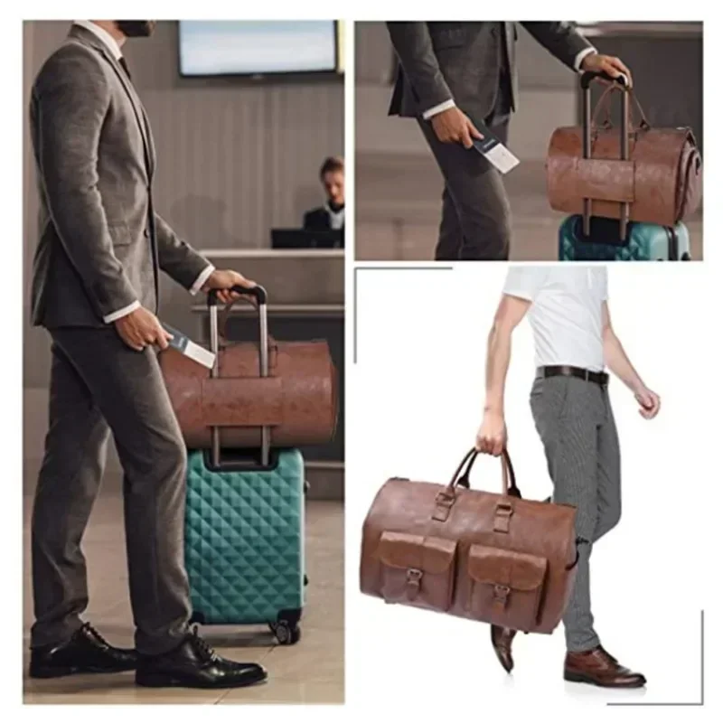 Men Garment Bags Travel Convertible Carry On Garment Duffel PU Bag Waterproof Large Bag 2 In 1 Suit Dress Business Flight Bag