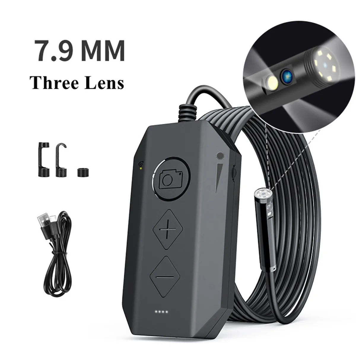 

2MP 1080P 7.9mm 3 Lens WIFI Endoscope Camera 3x Zoom CMOS Borescope Side&Front View Inspection Otoscope Digital Microscope