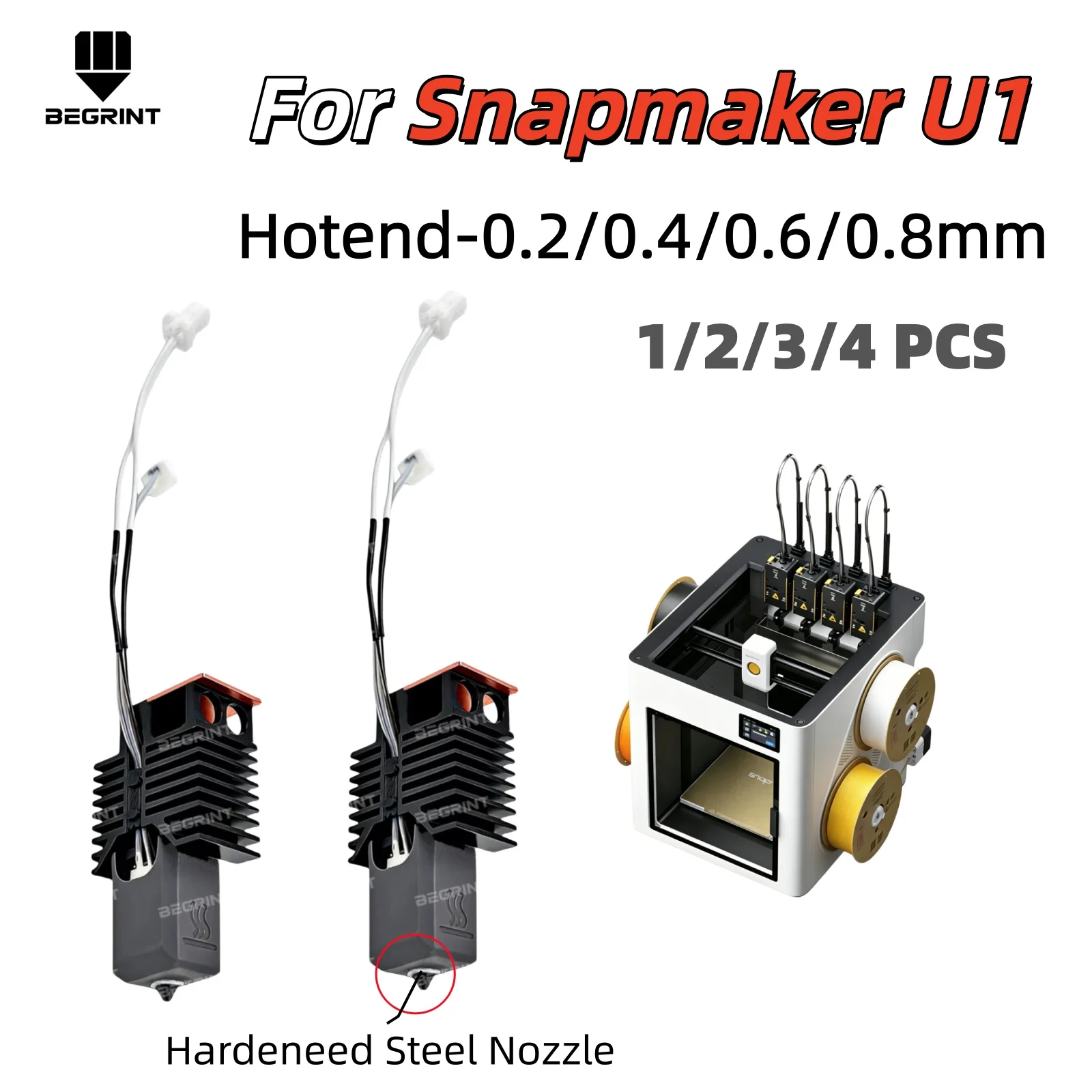 For Snapmaker U1 Hotend 24v 48w Ceramic Block Kit Stable Heating, 0.2-0.8mm Hardened Steel Nozzle Print Head for Snapmaker U1