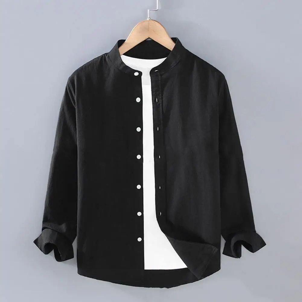 Men Spring Shirt Single-breasted Stand Collar Cardigan Long Sleeevs Loose Plus Size Mid Length Men Fall Top Men Cardigan Shirt