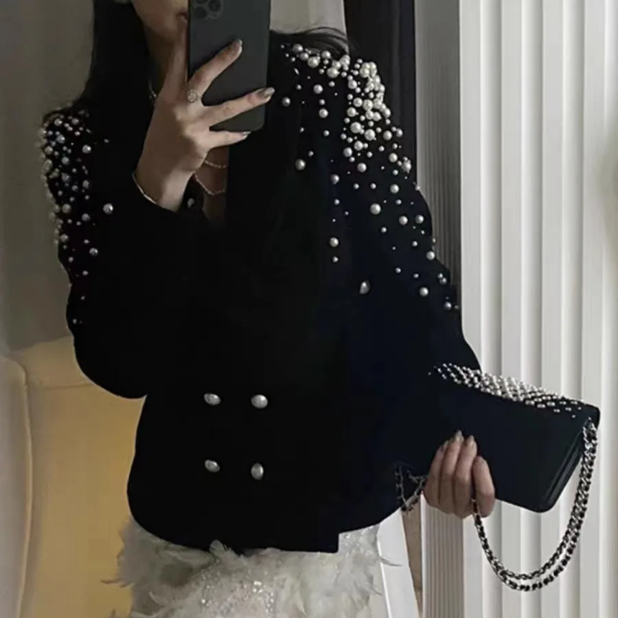 

French Fragrant Star Sparkle Handmade Beaded Jacket Women's Autumn Swarno Pearl Cashmere Wool Wool Top