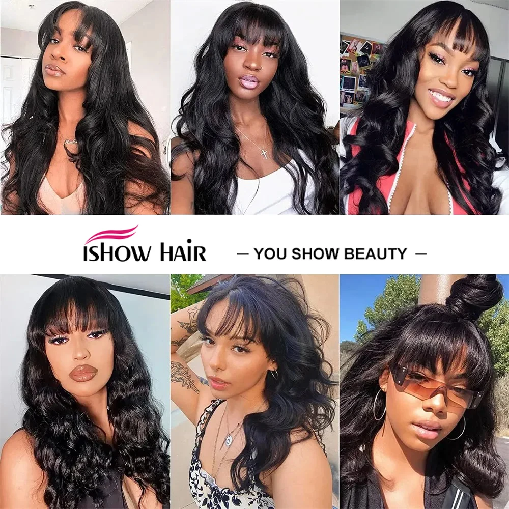 Ishow شعر مستعار مموج مع بانج آلة كاملة صنع خصلات الشعر المستعار الإنسان رخيصة غلويليس الباروكات 100% خصلات الشعر المستعار الإنسان البرازيلي للنساء