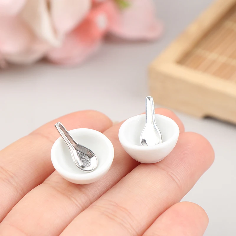 4pcs/set 1:12 Dollhouse Miniature Mini Ceramic Bowl Soup Spoon Model Kitchen Accessories For Doll House Decor Toys Gift