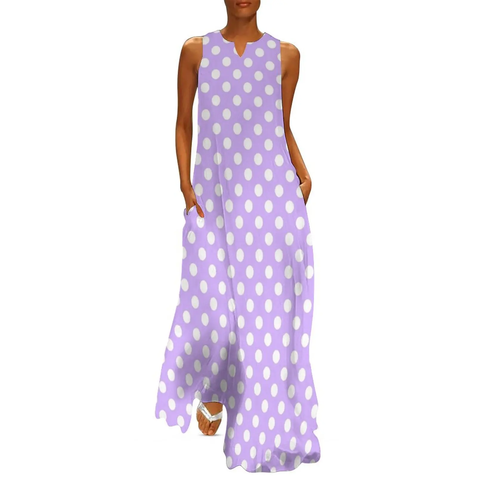 

White Polka Dots on Light Purple Background Long Dress Bridesmaid dress woman Female dress vintage luxury