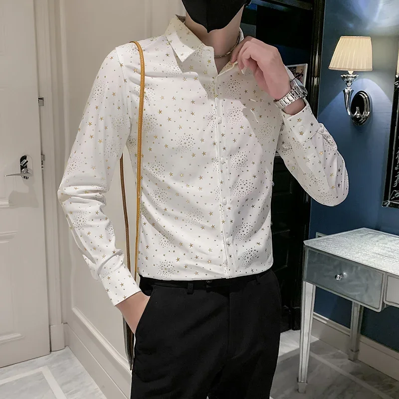 High Quality Star Gold Bronzing Men Shirt Spring Autumn Slim Fit Chemise Homme Manche Longue Luxury Club Prom Male Floral Shirts