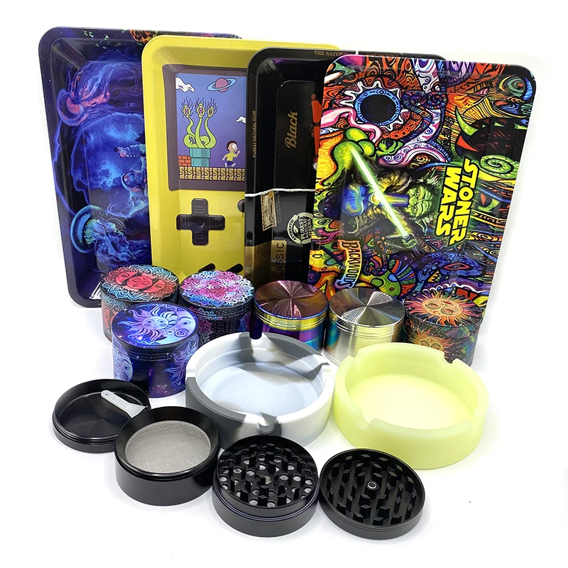 Rolling Tray 7.1X4.7IN Silicone Ashtray Smoking Accessories Kit Zinc Alloy Grass Metal Grinder 50mm 4-layer Spice Miller Crusher