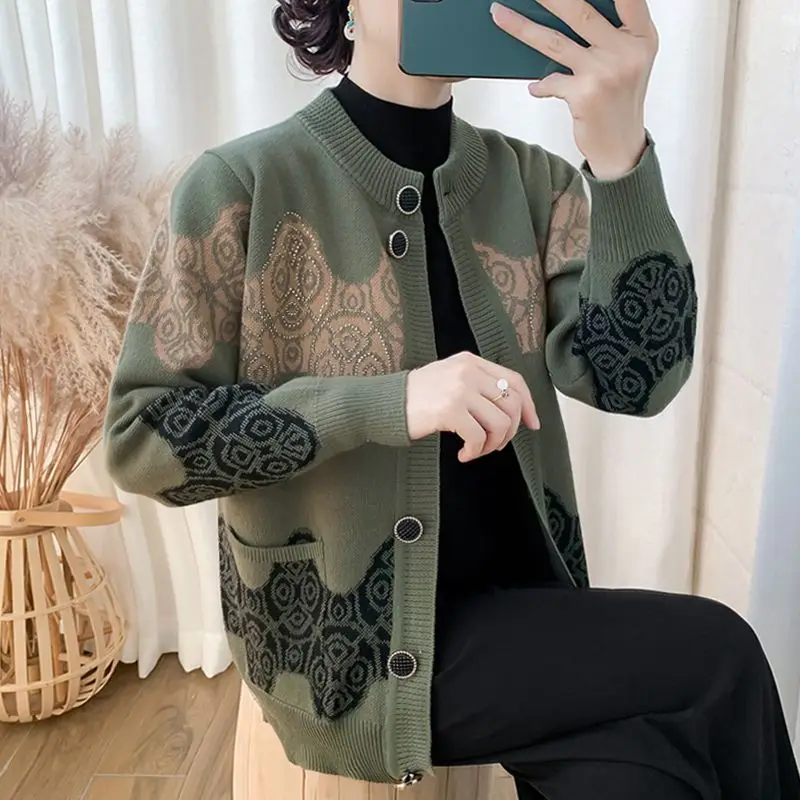 

Vintage Printed Button Pockets Diamonds Cardigan Sweaters Women's Clothing 2023 Autumn Winter Oversized Knitted All-match Tops