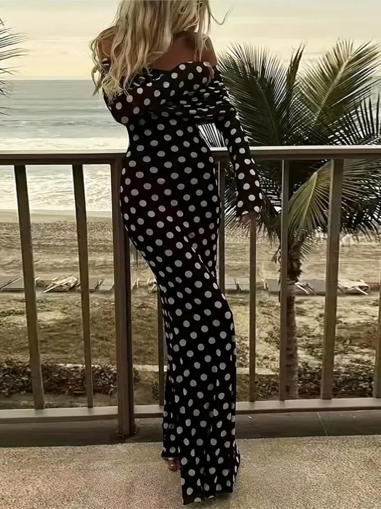 

2025 New Summer Mesh Printed Polka Dot One Shoulder Dress Temperament Evening Dress Contrast Off Shoulder Elegant Simple Style