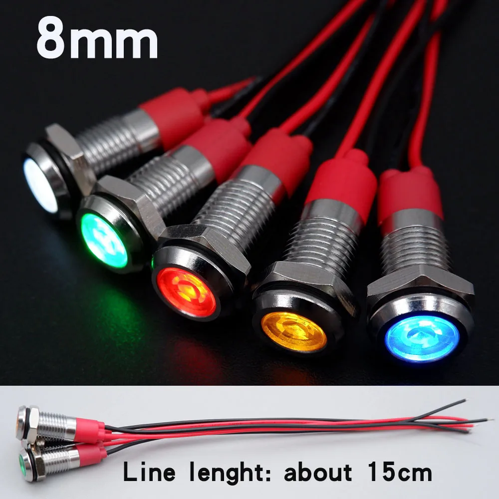 

1pcs 8mm LED Metal Indicator Light Signal Lamp Waterproof With Wire 3V 5V 6V 12V 24V 110V 220V Red Blue Yellow Green White