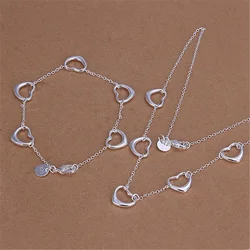 Charms 925 Sterling Silver romantic LOVE five hearts Bracelet necklace Jewelry set for women Fashion Party wedding Holiday gifts
