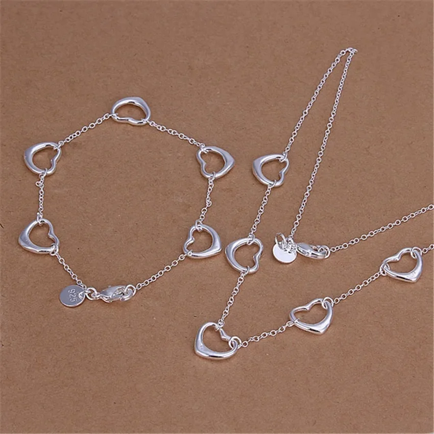 Charms 925 Sterling Silver romantyczna MIŁOŚĆ pięć serc Bransoletka naszyjnik Zestaw biżuterii dla kobiet Moda Impreza ślub Prezenty świąteczne