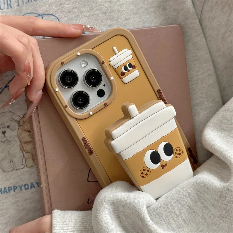 3D Cute Cartoon Bubble Milk Tea Bracket Soft Silicone Phone Case For iPhone 17 Air 16 15 14 13 12 Pro Max Plus Shockproof Cover view 2
