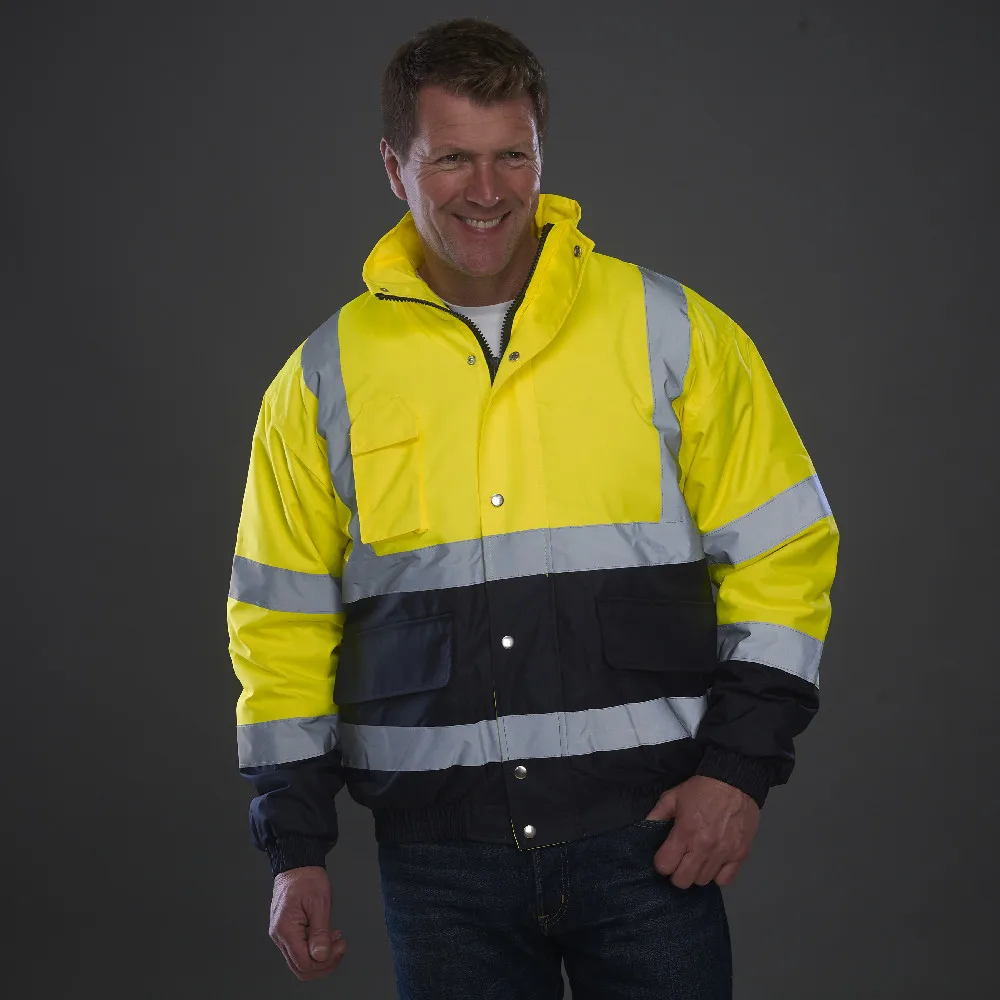 

High Visibility Work Jacket Multi Pockets ANSI Navy Bottom High Visibility Thermal Bomber Jacket Waterproof