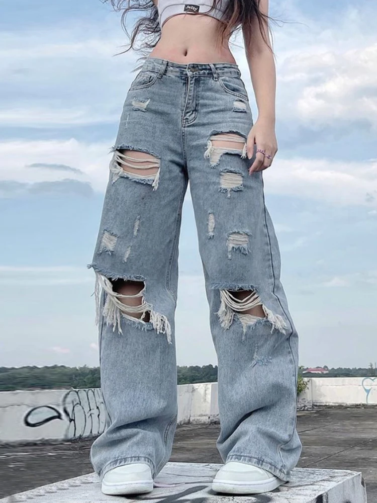 Womens Ripped Jeans Streetwear Straight Pants Mid Waist Loose Wide Leg Pants Jeans Y2K Summer Plus Size High Street Jean