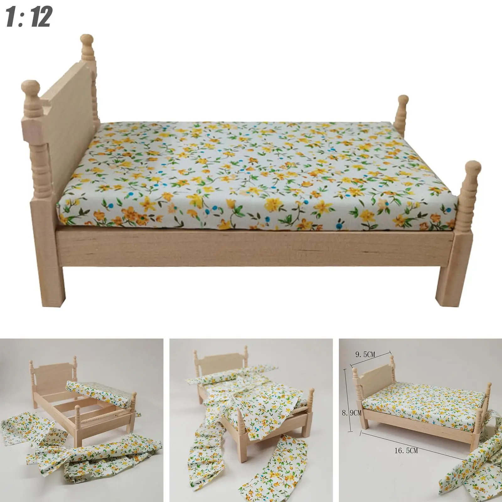 Letto per casa delle bambole, mobili in miniatura per casa delle bambole letto singolo in legno, letto con stampa floreale Vintage 1:12 Doll, delicato letto per casa delle bambole