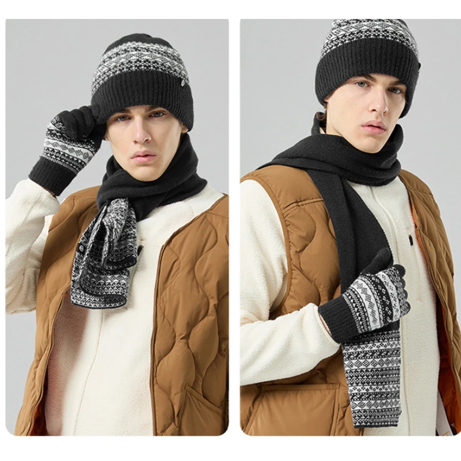 Damskie Męskie 3-częściowe Zestawy Zimowe Czapka Szalik Rękawiczki Dzianinowe Czapki Zestaw Klasyczna Krata Paski Długi Szalik Rękawiczki Dotykowe Czarny Czerwony Szary