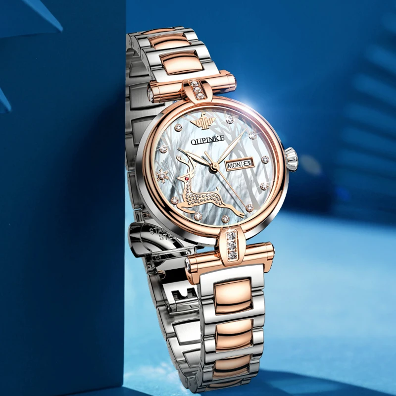 OUPINKE 3180 Orologio da donna di lusso Orologio meccanico automatico con zaffiro Quadrante in cervo Orologio da giorno con data in acciaio inossidabile per donna Reloj