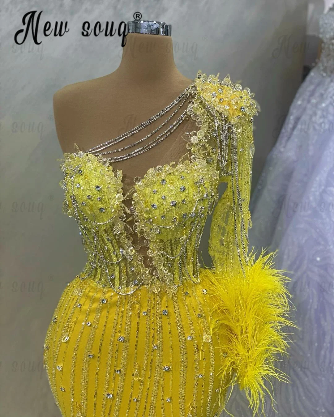 Elegante vestido De noche amarillo limón para mujer, manga única, vestido De cóctel De plumas, vestido De Fiesta árabe con cadena para Cena