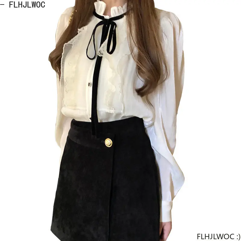 Bow Tie Tops Women Korean Style Japan Design Clothes Long Sleeve Elegant Office Lady Cute Ribbon Sweet Basic Shirts Blouses