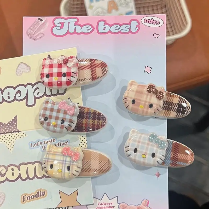 Sanrio Hello Kitty Cartoon Retro Cartoon Checkered Duckbill Clip Sweet Bangs Side Clip Hair Clip Kawaii Jewelry A Gift for Girls