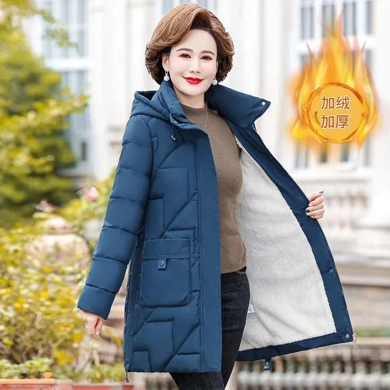 Middle-Aged And Elderly Women\'s Winter Cotton-Padded Coat With Long Over-The-Knee Padded Mother\'s Down Hooded Warm Jacket