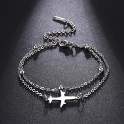 Stainless Steel Bracelets Aircraft Pendant Trendy Style Double Layer Beads Chain for Women Fashion Exquisite Jewelry Party Gifts