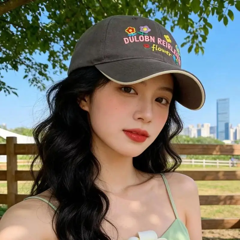 Letter Embroidered Floral-Patterned Hat Adjustable Comfortable To Wear Sunscreen Streetwear Hats For Women And Men