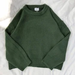 Vintage Y2K boy yeşil kazak Chunky tıknaz bulanık sıcak sevimli kazaklar sonbahar kış Jumper