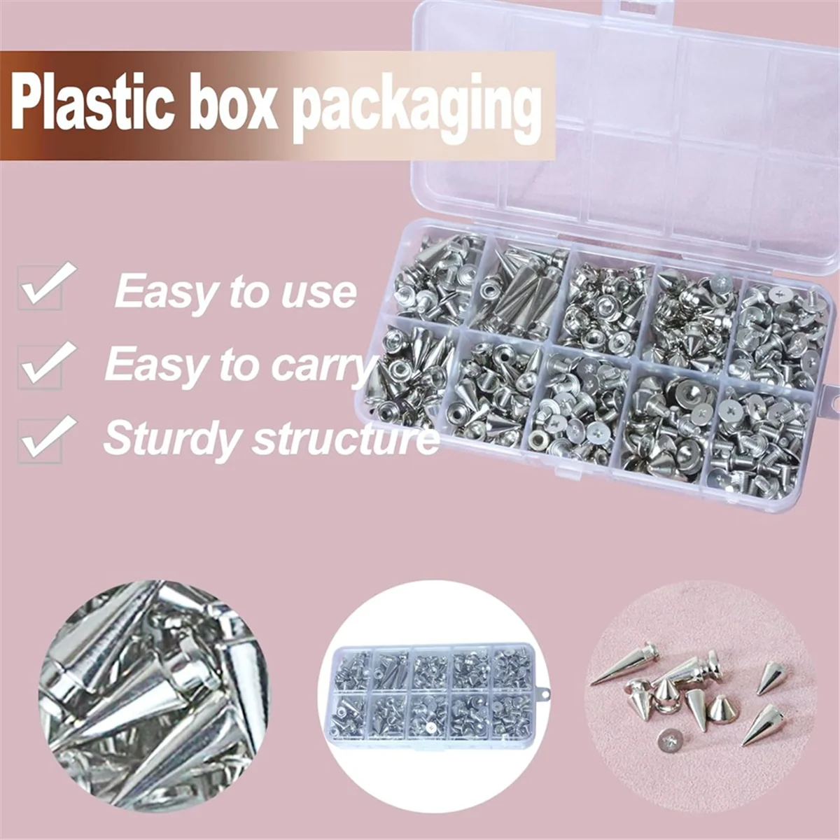 طقم مسامير وأزرار فاسق 354 قطعة، 8 مسامير مخروطية مقاسات، مسامير شجرة معدنية للملابس الجلدية ونمط الشرير