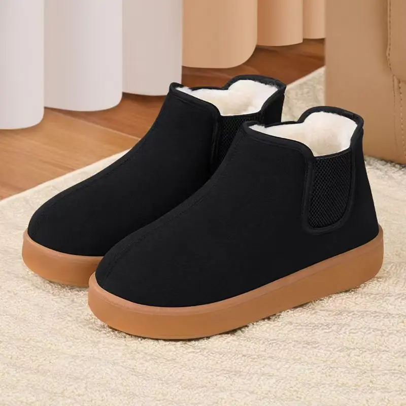 

Men Winter Flat sole Ankle Cool Boot Thick Sole Non Slip Thicken Plush Keep Warm Round Toe Slip On Unisex Elderly Cotton Shoes