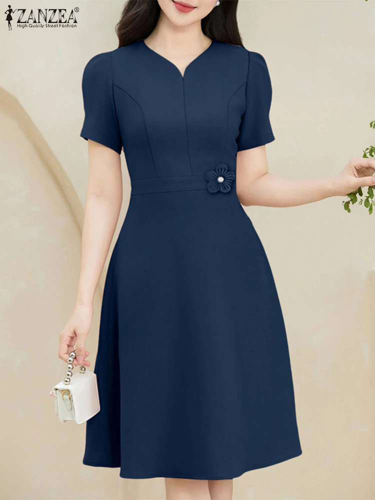 2025 우아한 V넥 반팔 오피스 드레스 ZANZEA 여성 여름 워크 OL 드레스 스타일리쉬 A라인 파티 미디 베스티도 여성 의류