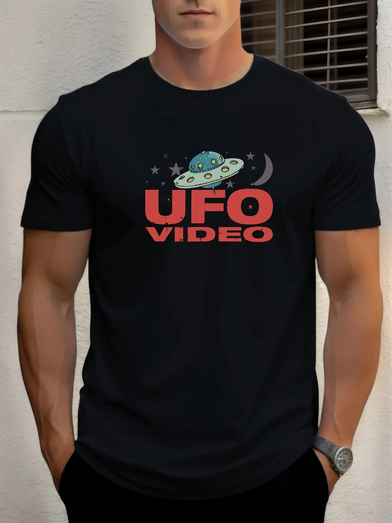 

Men's cotton T-shirt, summer round neck short sleeves, UFO printed breathable street clothing fashion cool T-shirt