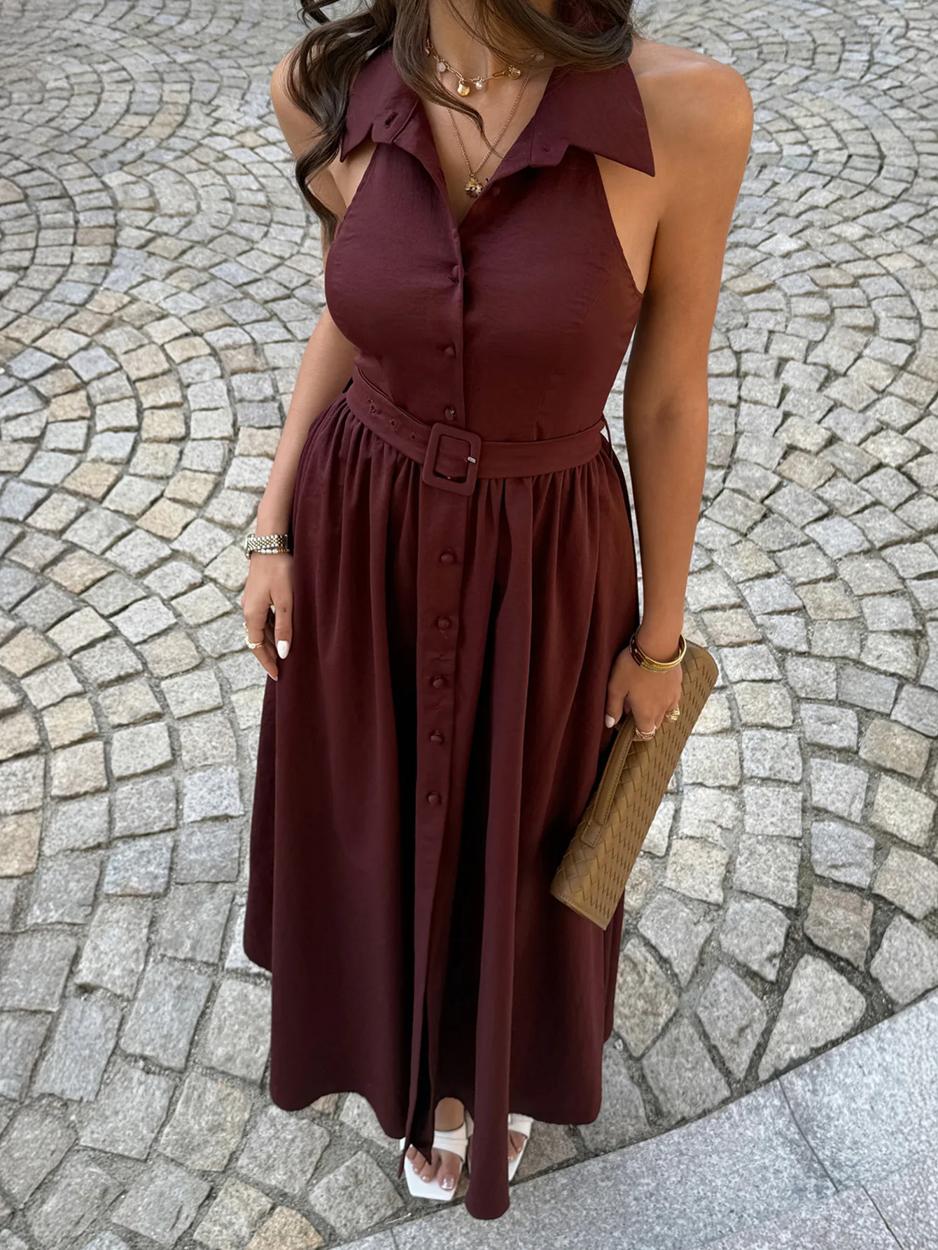 

Women Dress 2026 Spring Summer New Solid Color Retro Turn-Down Collar Sleeveless Cinched Waist Backless Casual Shirt Dress