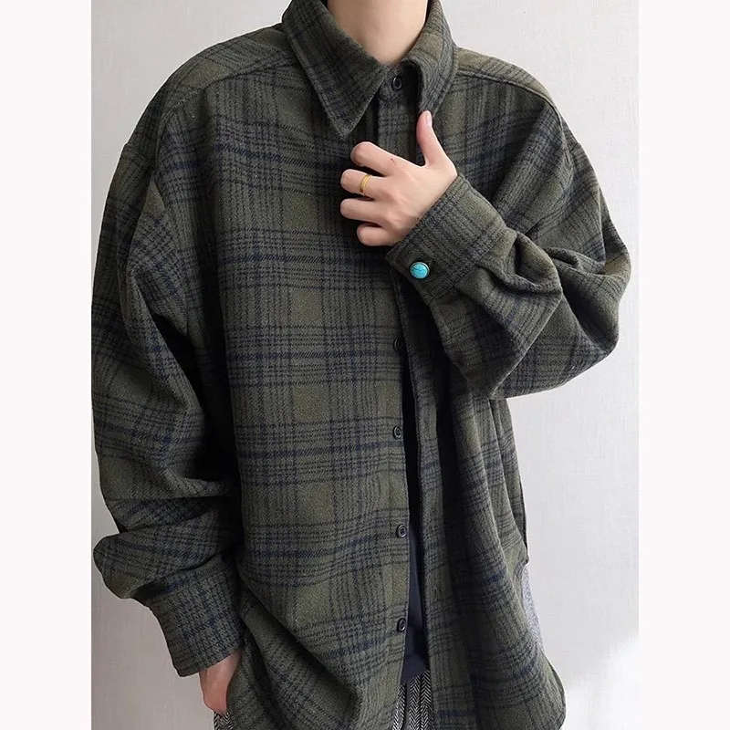 

Retro American Plaid irt Men's Long Sve Spring Autumn een Turquoise Button Cleanfit Couple Thi Outerwear