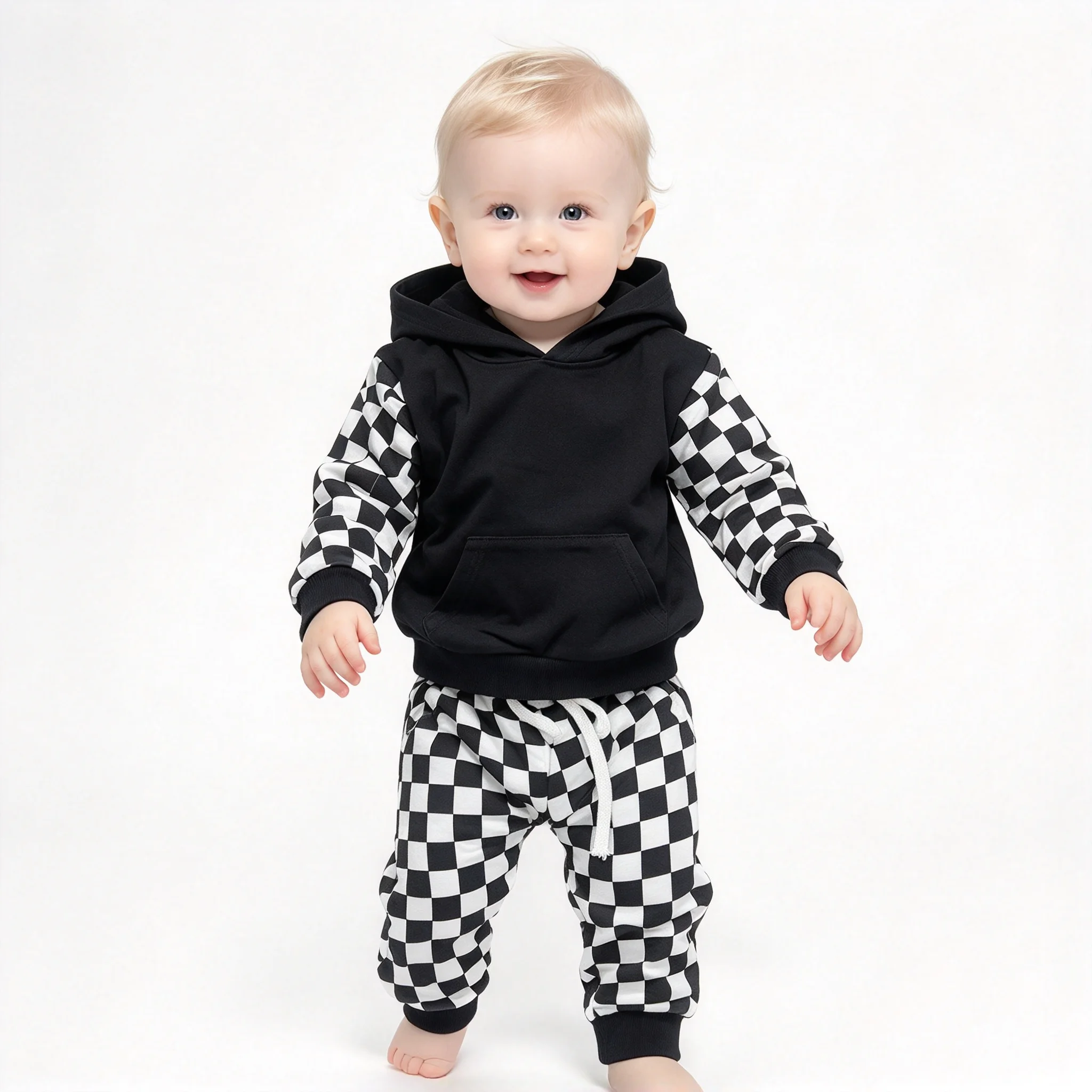 Summer 2Pcs Baby Boys checkboard Clothes Set Hooded Tops Shorts Set