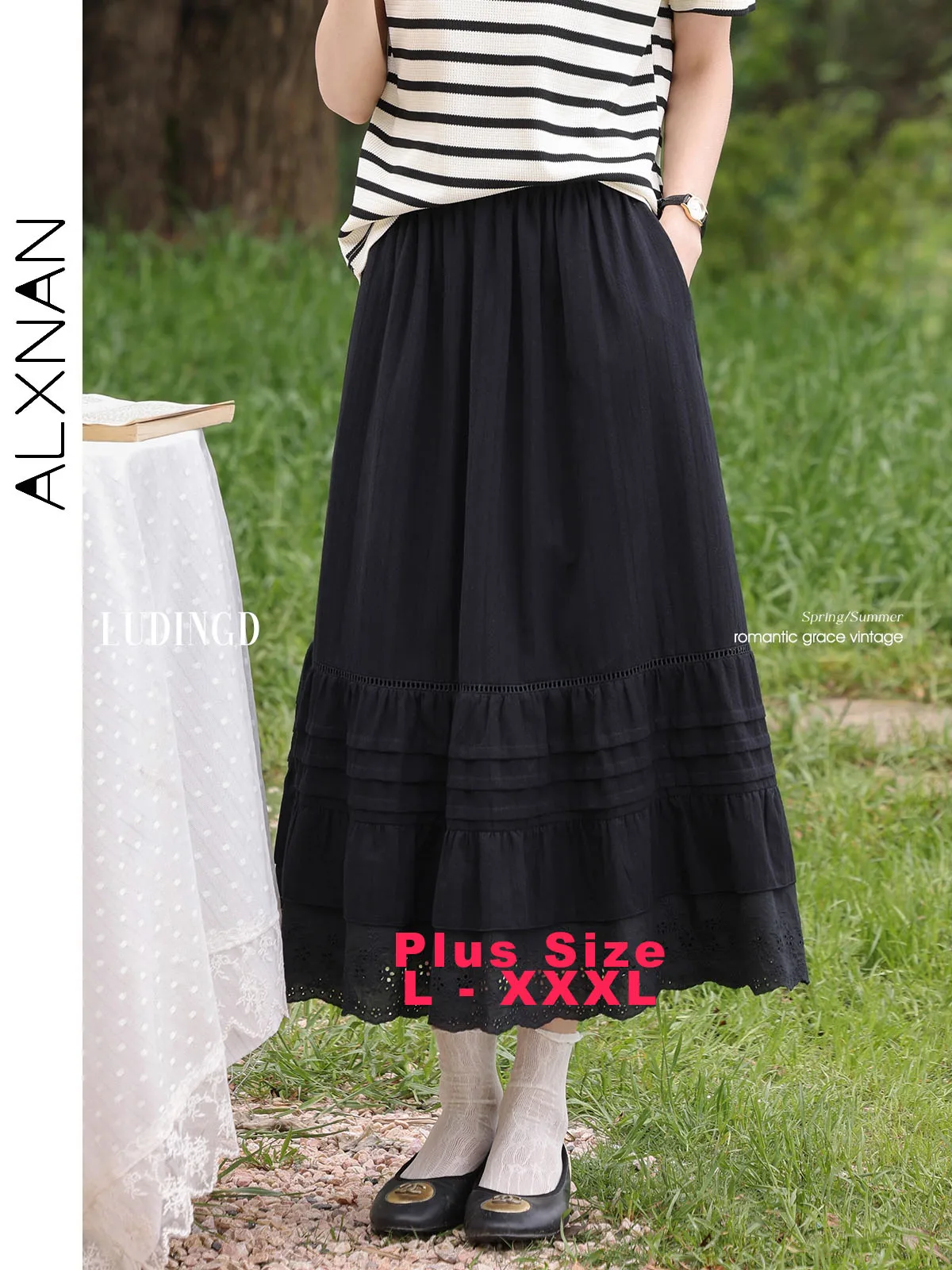 

ALXNAN Plus Size Women's Skirt Black High-waist Cotton 100% Long Skirt Summer Elegant Holiday Casual Female Clothing D09272-1