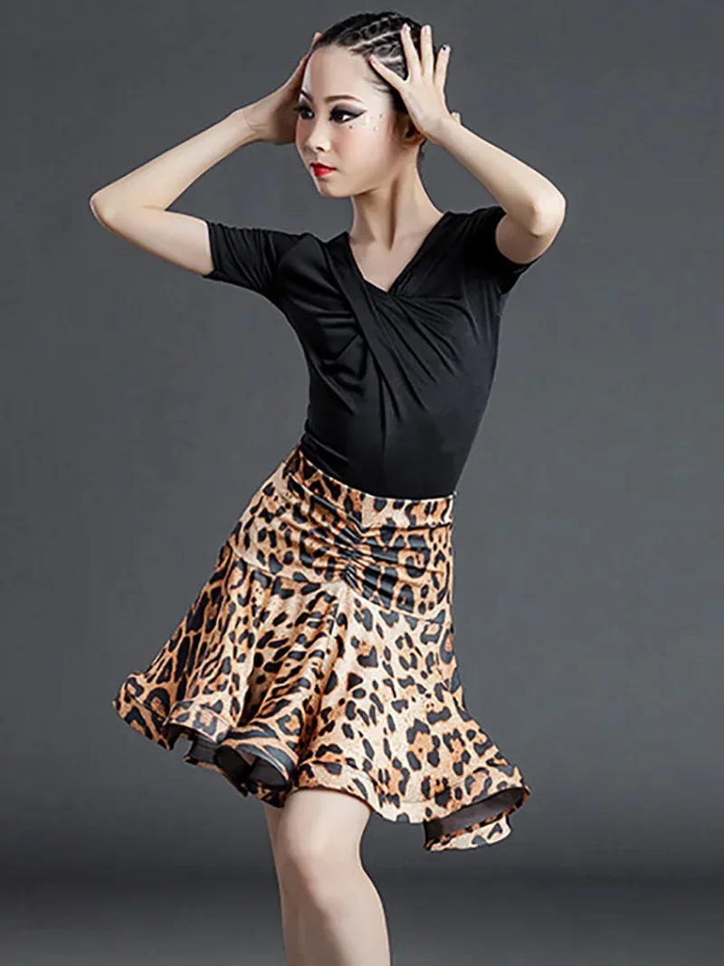 Children Leopard Latin Dance Skirt Kids Girls Dancerwear Autumn Winter Velvet Training Dancing Dress Stage Performance Costume