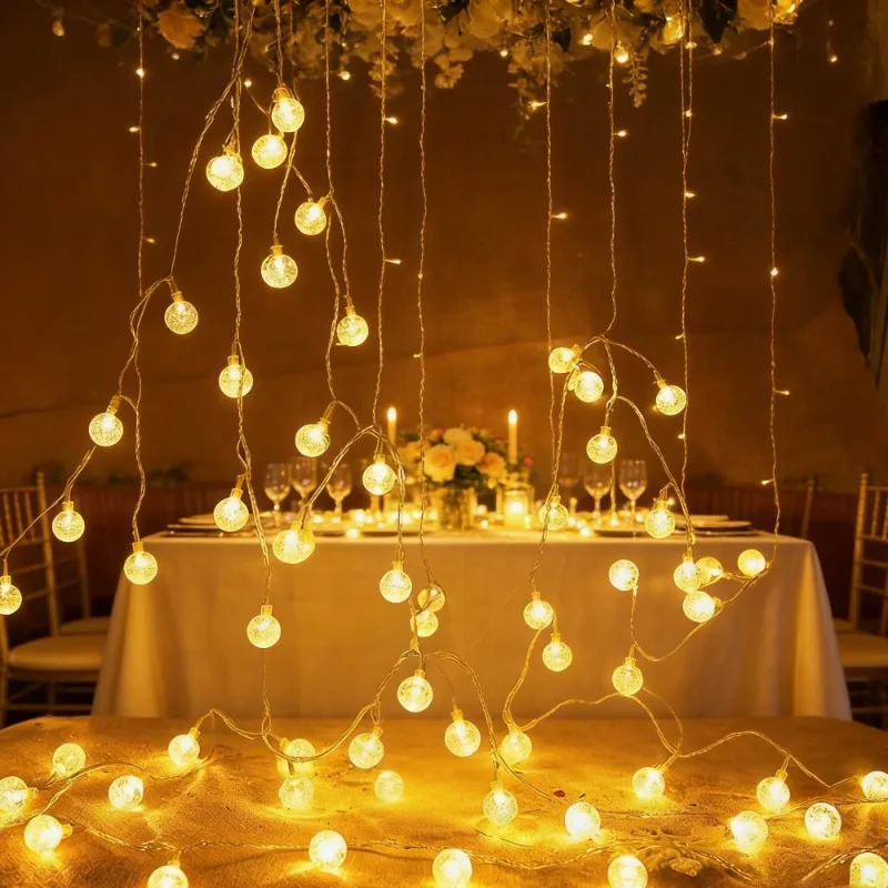 

LED Bubble Ball Fairy Lights Battery Power Outdoor Camping Christmas Room Decor LED Crystal String Light Wedding Decoration