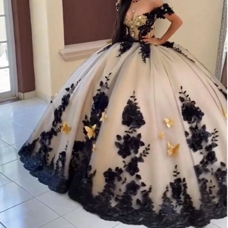 Luxury Black Ball Gown Quinceanera Dress 2023 Off The Shoulder Long Train Sweet 15 16 Yearls Birthday Party Vestidos De XV Años