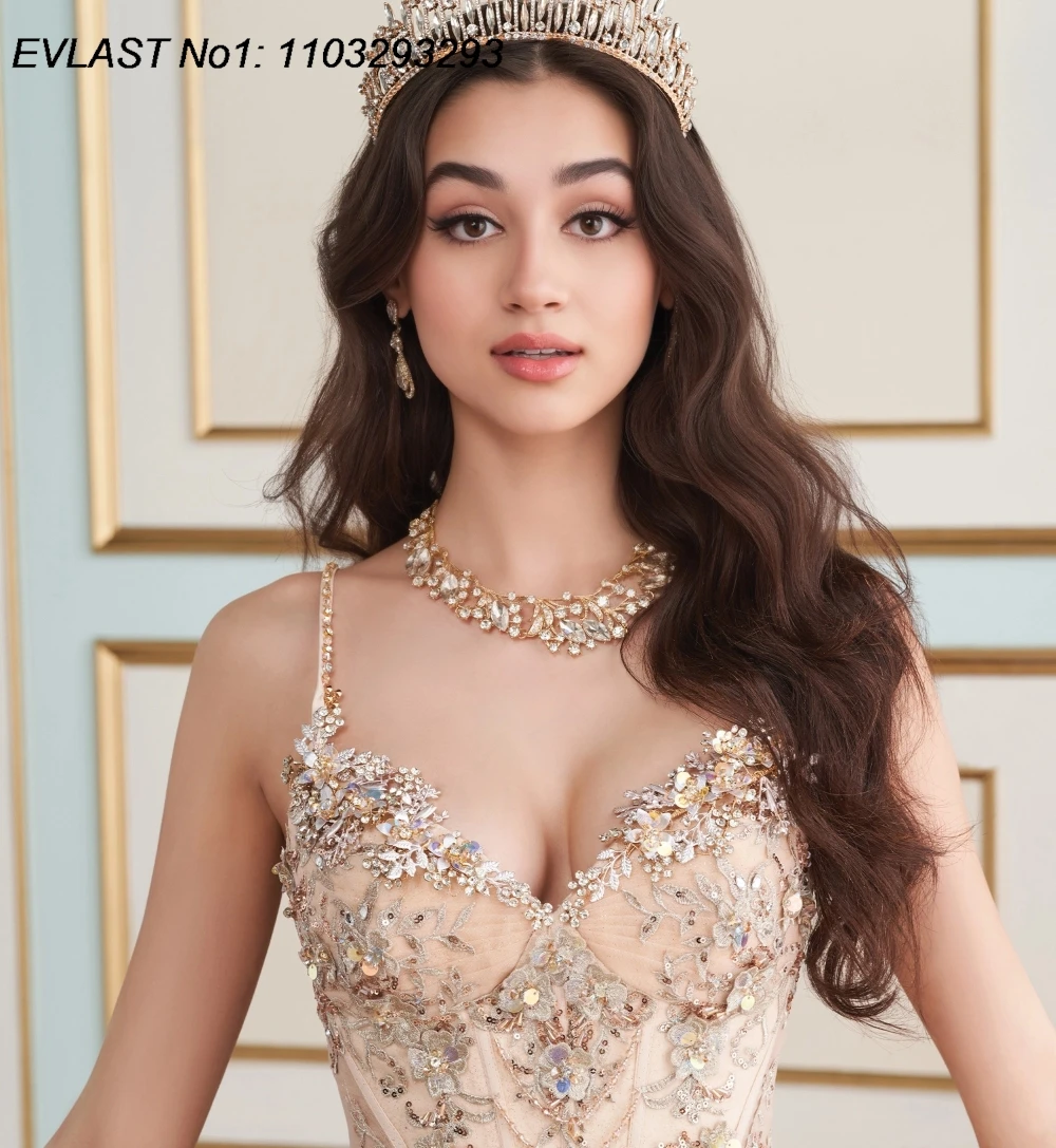 EVLAST Customized Champagne Sequins Ball Gown Quinceanera Dress Lace Applique Beading Corset Sweet 16 Vestidos De 15 Anos E1Q819