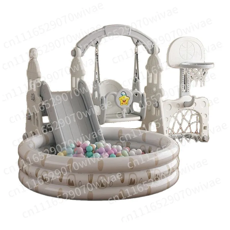 Indoor Kids Slide & Swing Combo with Ball Pit, Basketball Hoop & Soccer Goal, Multi-function Toddler Home Playground Toy