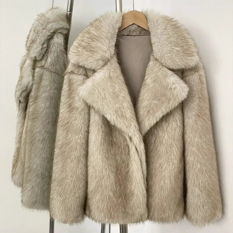 معطف شتوي نسائي لعام 2025 من فرو الثعلب الصناعي بأكمام طويلة معطف دافئ بلون سادة معاطف فضفاضة متوسطة الطراز معاطف فروي