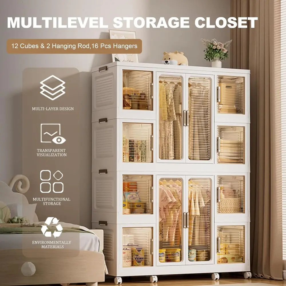 Large Plastic Collapsible Wardrobe with Wheels, 8-Shelf Storage Cabinet, 2 Rods, 16 Hangers