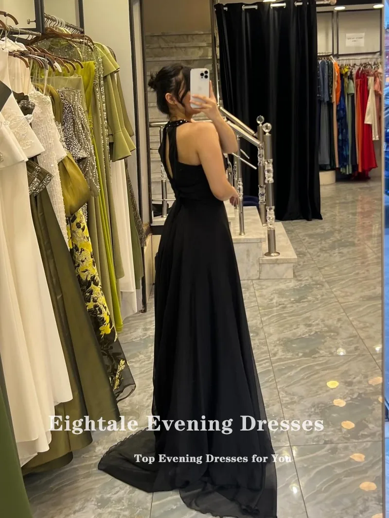 Eightale árabe vestido de noite halter a linha personalizado chiffon preto alta fenda até o chão baile de formatura vestido de festa de casamento