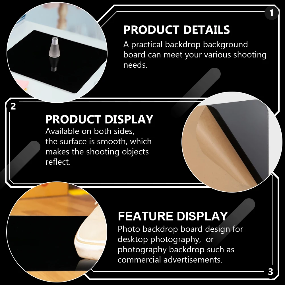 

2Pcs Black Background Board Backdrop Photography Reflective Acrylic Desktop Photo Studio Props Shooting Tool