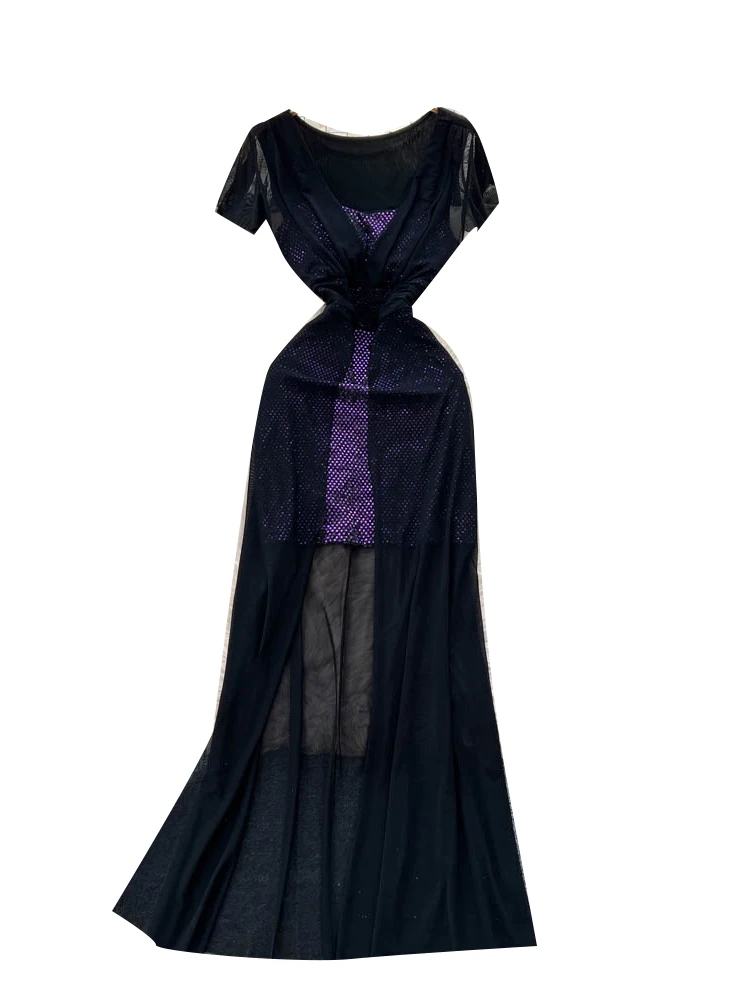 夏の女性の半袖メッシュドレスハイウエストAラインスカートデザインスパンコールパッチワークエレガントロングドレス通勤韓国スタイル