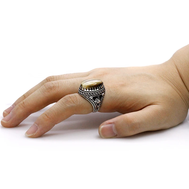 خاتم فضة 925 أصلي من الذهب الطبيعي على شكل عين النمر هدية كلاسيكية للرجال تصميم تركي أنيق ذو طبقات مجوفة
