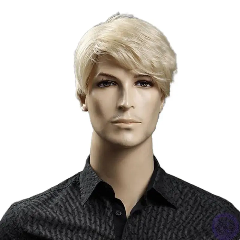 Men's Wig Golden Full Head Cover Fluffy Wig Men's Short Straight Hair